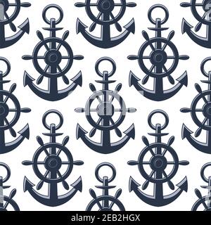 Nautical anchors and helms seamless pattern in retro style for marine design Stock Vector