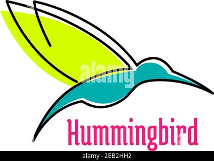 Abstract icon of hummingbird bird in flight, with blue and yellow feather Stock Vector