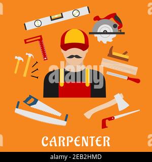 Carpenter and his toolbox tools with hammer, file, axe, nails, handsaw, hacksaw, ruler, plane and measuring level Stock Vector