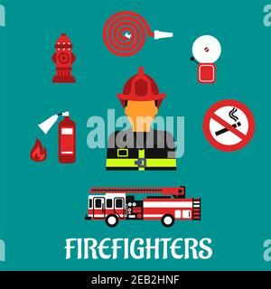 Firefighter profession concept with fireman in red helmet and fully protective suit, surrounded by fire truck, hose, extinguisher, hydrant, fire alarm Stock Vector