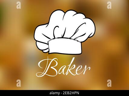 White chef and baker cap or toque traditional uniform with high headband and lush drapery isolated on blurred background with caption Baker Stock Vector