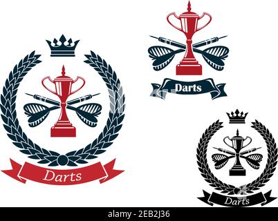 Darts game emblems with trophy cups, crossed darts arrows on the background, framed by laurel wreath with crown on the top and ribbon banners Stock Vector