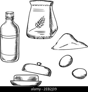 Paper bag of flour, fresh eggs, bottle of milk, and butter homemade dough ingredients in outline sketch style Stock Vector