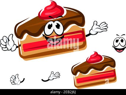 Funny cartoon sweet cake slice with little hands and face, isolated on white background Stock Vector