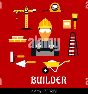Builder profession concept with man in protective glasses and yellow hard hat with stepladder, paintbrush and paint can, ruler, brick wall, trowel and Stock Vector