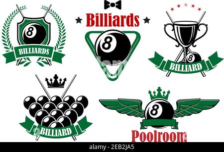 Billiards and poolroom icons with black balls, crossed cues, trophy cup and triangle rack adorned by stars, wings, crowns, wreath and ribbon banners Stock Vector