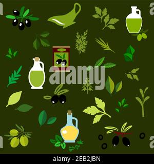 Olive fruits and fresh herbs flat icons of green and black olive fruits, bottles of olive oil, marinated olives and twigs of rosemary, dill, thyme, ba Stock Vector