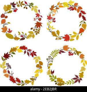 Fallen leaves round frames and borders composed by colorful tree and bush branches, forest flowers, acorns and viburnum isolated on white background Stock Vector