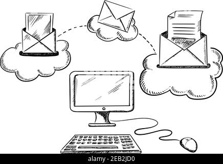 Process of sending e-mail by desktop computer with monitor, mouse and keyboard, sent and received letters on clouds above, outline sketch style Stock Vector