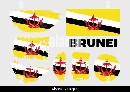 Grunge brush stroke with Brunei national flag. Style watercolor drawing.  Stock Vector