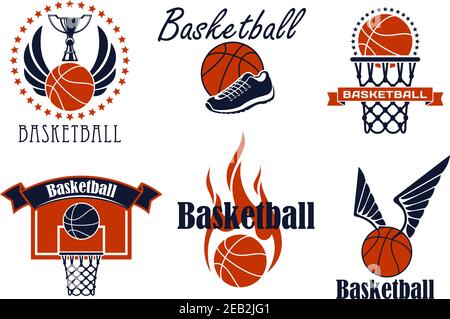 Basketball game sport icons and symbols with winged and flaming ball, shoes, ring and trophy cup Stock Vector