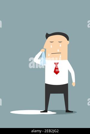 Crying businessman standing in a pool of his tears, for depression or negative emotions concept. Cartoon flat style Stock Vector