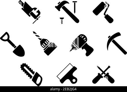 Hammer with nails, crossed screwdrivers, handsaw, shovel, paint roller, bench vice, drill, wide spatula, hammer drill and pickaxe icons Stock Vector