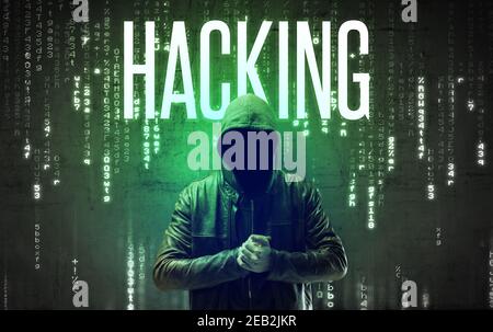 Faceless hacker with HACKING inscription, hacking concept Stock Photo