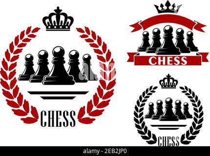Elegant chess game heraldic symbol in black and red color with a number of pawns Stock Vector