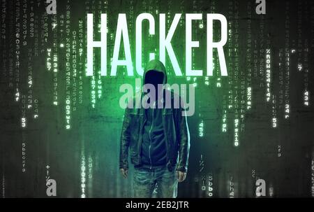 Faceless hacker with HACKER inscription, hacking concept Stock Photo