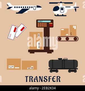 Air and rail freight service flat icons with airplane, helicopter, tank wagon, letters and delivery boxes with packaging signs on a scales and a conve Stock Vector