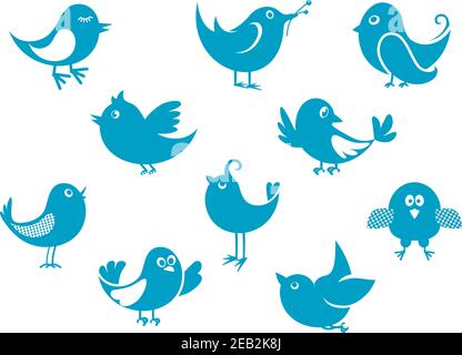 Set of cartoon cute little blue bird icons perched, flying and singing Stock Vector