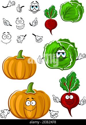 Funny cartoon squash, cabbage and beet vegetables isolated on white background. For agriculture or vegetarian food design Stock Vector