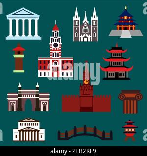 Famous world landmarks flat icons with temples, palaces, ancient buildings and architecture details Stock Vector