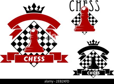 Chess sporting game icons with red and black pawns, turned by chessboards on background. Decorated by ribbon banners with crowns Stock Vector