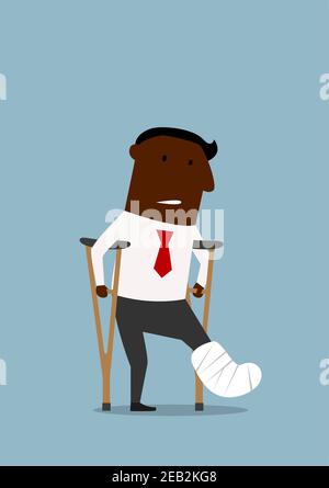 African american businessman standing with crutches and showing cast on a broken leg. For health insurance or healthcare concept theme design, cartoon Stock Vector