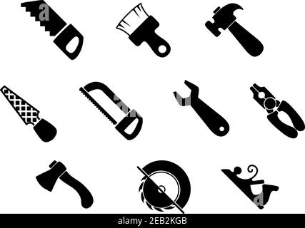 Hand tools icons with claw hammer, wrench, pliers, axe, paintbrush, hand saw, flat rasp, hacksaw and jack plane Stock Vector