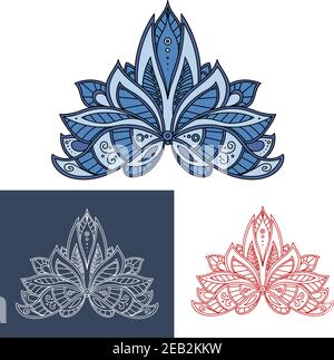 Bold calligraphic floral paisley motif in three color versions in blue and red Stock Vector