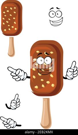 Ice cream on stick cartoon character covered with milk chocolate and nuts for food or dessert design Stock Vector