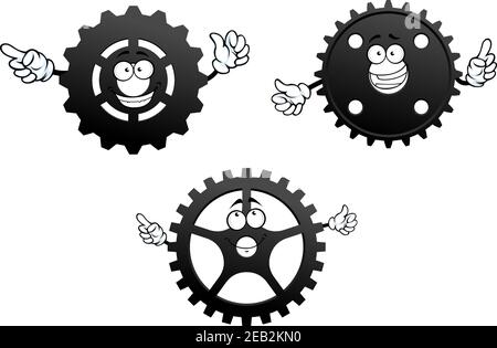 Gear wheels with funny happy faces and little hands isolated on white background Stock Vector