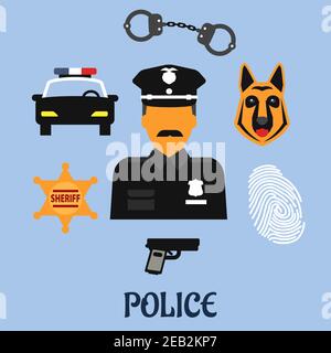 Police profession flat icons with officer in black uniform and peaked hat with handcuffs, gun, police car, sheriff star badge, fingerprint and police Stock Vector
