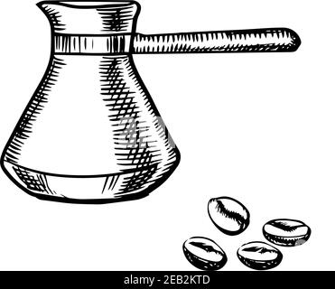 Black and white sketch of a long-handled coffee percolator and coffee beans, for drinks theme design Stock Vector