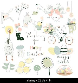 Cartoon Easter set with flowers ,easter eggs and rabbits Stock Vector