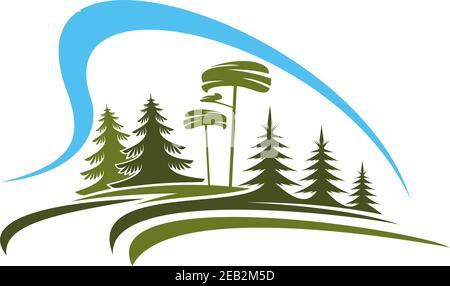 Forest abstract emblem or icon with glade under the canopy of high green trees with blue sky above, for nature or landscape theme design Stock Vector