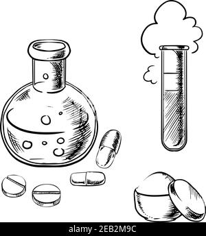 Laboratory glass flask and tube with bubbles and cloud, round pills, capsules and powder in box, for chemistry experiments or scientific research desi Stock Vector