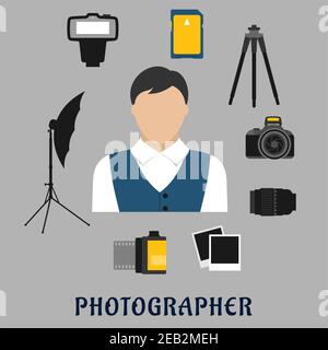 Photographer profession flat icons with man surrounded by digital camera, lens, tripod, memory card, camera film, instant films, flash and lightning u Stock Vector