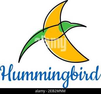 Graceful bright tropical hummingbird soaring in the sky in green and yellow colors, isolated on background Stock Vector
