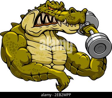 Strong muscular crocodile bodybuilder cartoon mascot with dumbbell for fitness or gym mascot theme Stock Vector