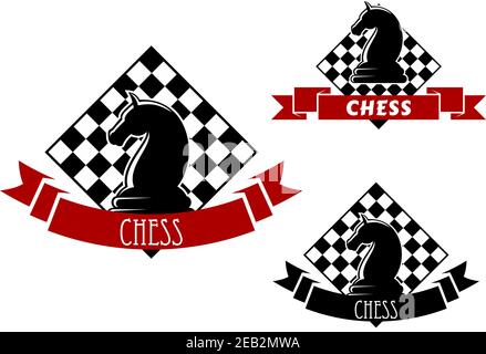 Chess club emblems with lack horse and chessboard on the background, framed by ribbon banners Stock Vector