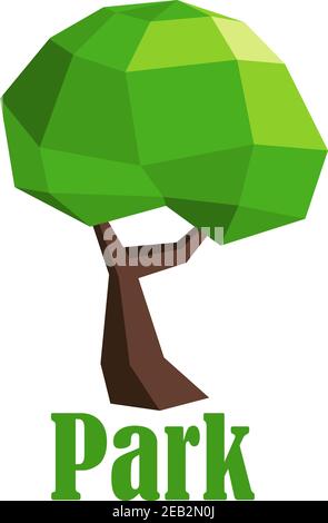 Abstract polygonal tree icon with summer green crown isolated on white background with caption Park Stock Vector