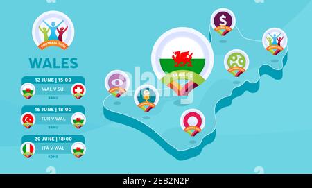 Wales natioanal team matches on Isometric map vector illustration. Football 2020 tournament final stage infographic and country info. Official champio Stock Vector