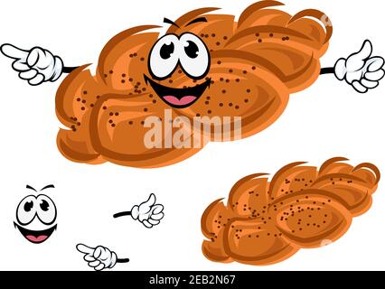 Happy sweet plaited bun cartoon character with poppy seeds and cheerful face for bakery shop or food themes design Stock Vector