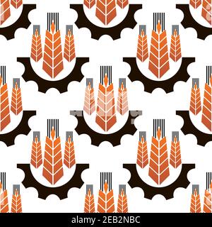 Ripe orange wheat ears in gear wheels seamless pattern on white background, for agriculture or industrial theme design Stock Vector