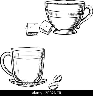 Elegant porcelain and glass cups of coffee and tea with sugar cubes and roasted coffee beans, isolated on white background, outline sketch style Stock Vector