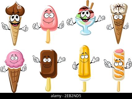 Happy cartoon ice cream cones, popsicles and ice cream sundae characters with chocolate, strawberry, vanilla and berry flavors. For food snack or dess Stock Vector