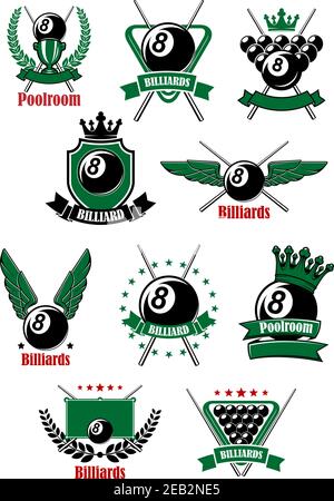 Billiards game icons with sport items as black balls, wings and crowns, cues, table, triangle racks and trophy cup, decorated by stars, heraldic shiel Stock Vector