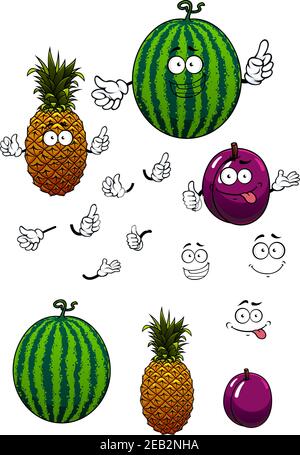 Juicy fresh cartoon watermelon, pineapple and plum fruits characters with funny smiling faces isolated on white Stock Vector