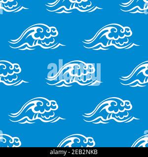 Stormy ocean waves seamless pattern with white waves on blue background, for marine theme or textile design Stock Vector