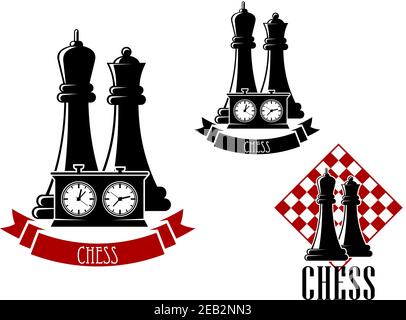 Chess tournament icons with black kings and queens behind game clock, decorated by ribbon banner and another variant with chessboard Stock Vector