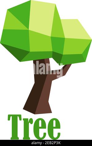 Green 3D polygonal tree abstract icon isolated on white background with caption Tree, low poly style Stock Vector
